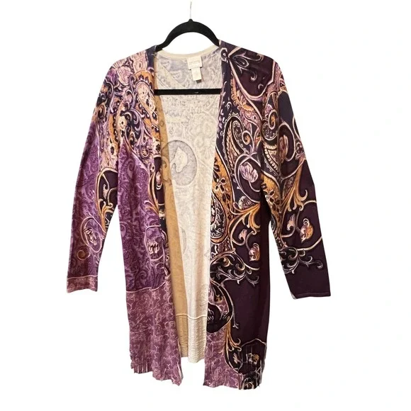 Chicos Paisley Open Front Cardigan Sweater Purple Women Size 2 - Picture 1 of 9